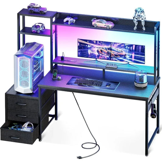 48 Inch Gaming Desk with Hutch and 3 Fabric Drawers