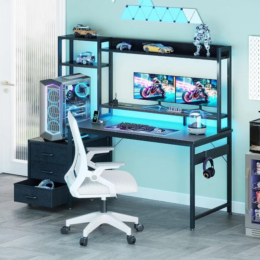 48 Inch Gaming Desk with Hutch and 3 Fabric Drawers