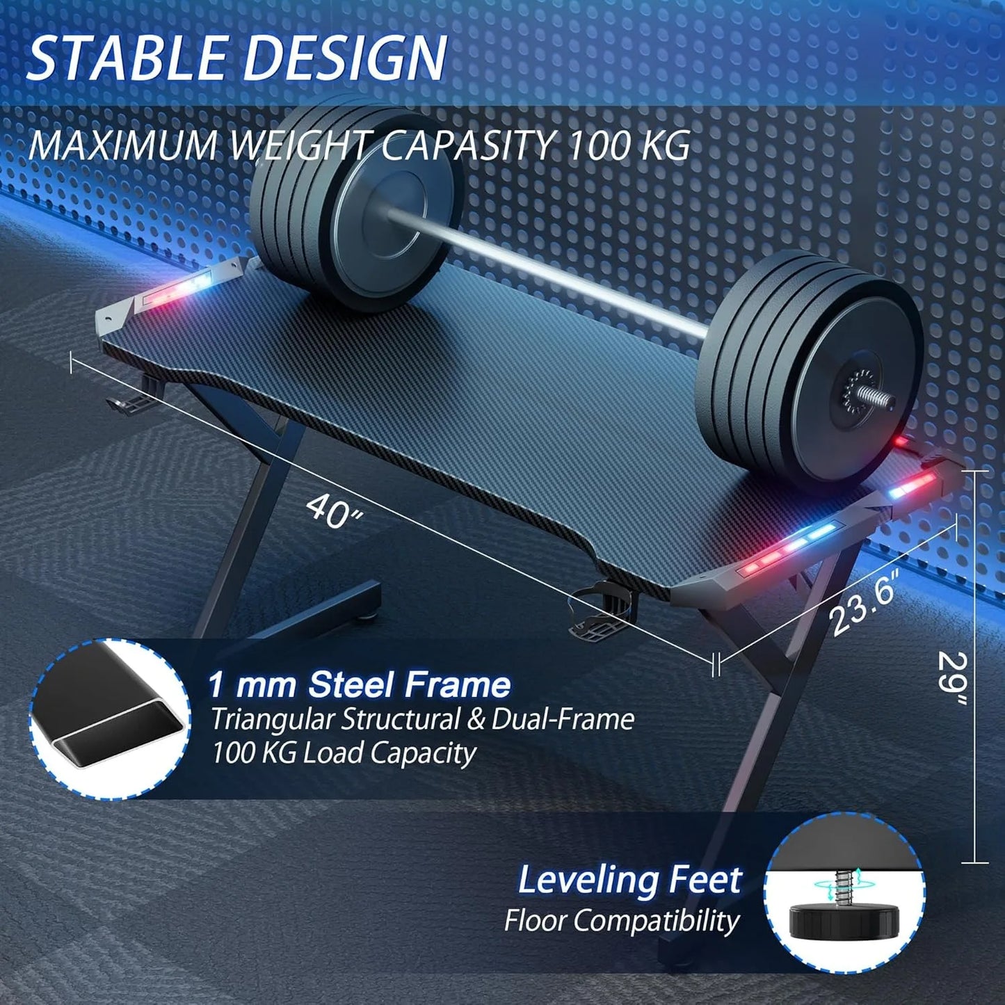 40 INCH Gaming Desk with LED Lights