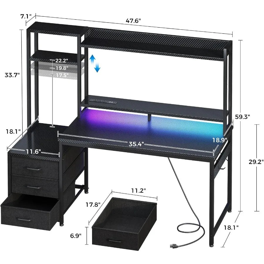 48 Inch Gaming Desk with Hutch and 3 Fabric Drawers