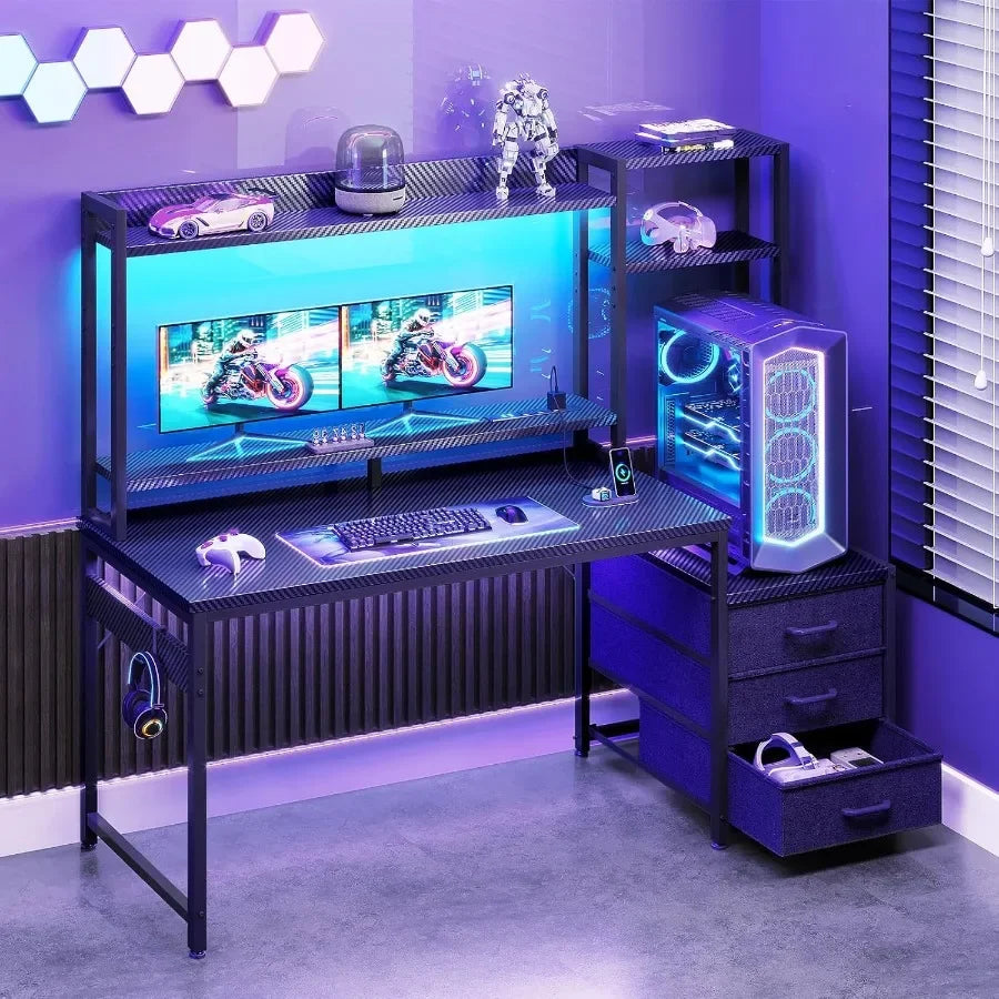 48 Inch Gaming Desk with Hutch and 3 Fabric Drawers